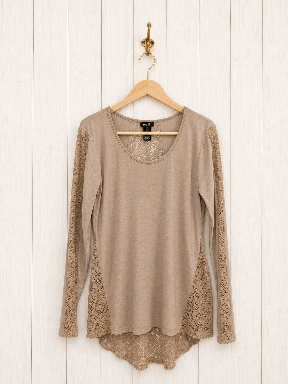 Rue21 Taupe Lace-Inset Scoop Neck Long Sleeve Top